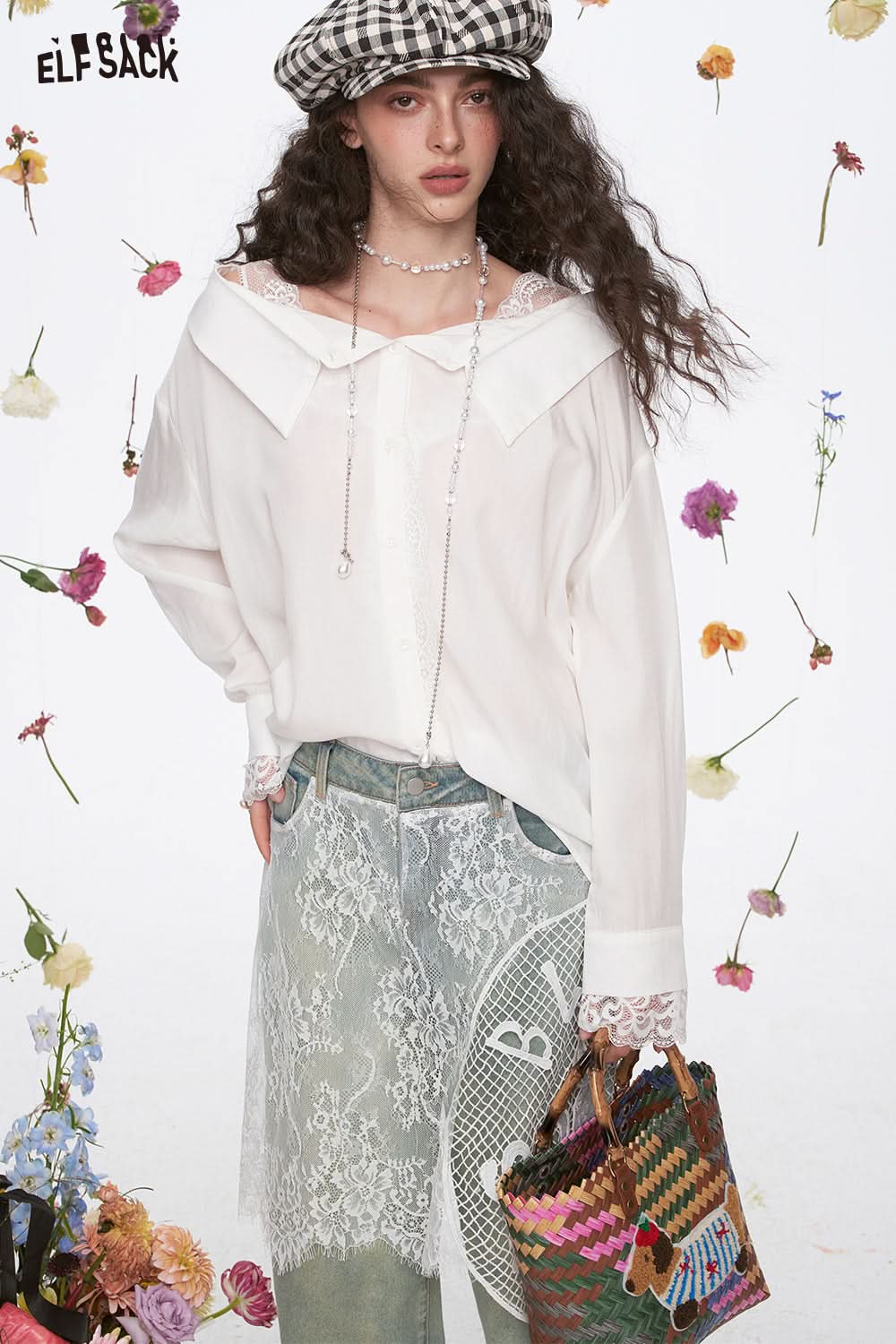 ELFSACK Y2K Lace Stitching White Off Shoulder Long Sleeve Shirt Women Slash Neck Single Breasted Top