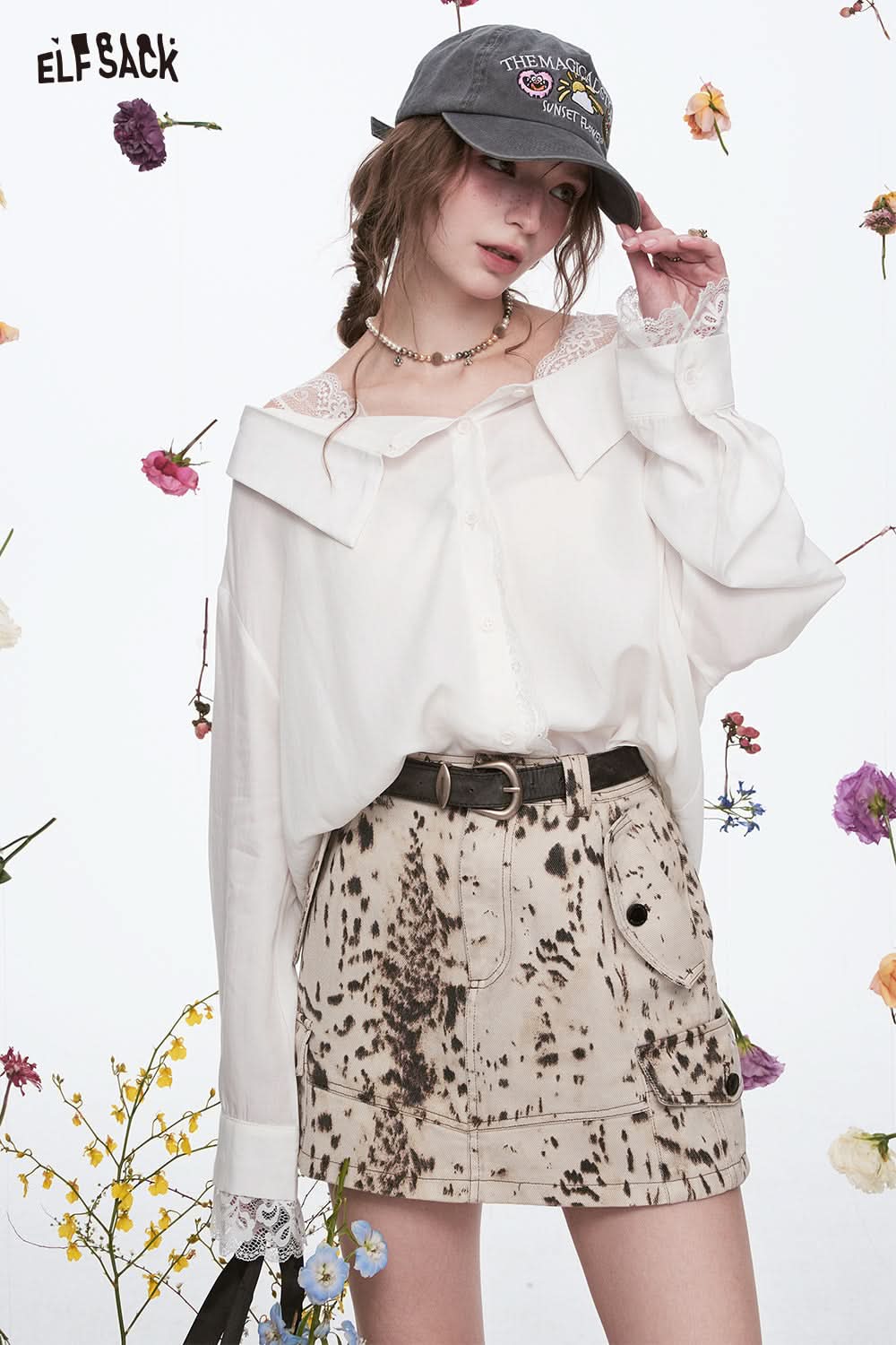 ELFSACK Y2K Lace Stitching White Off Shoulder Long Sleeve Shirt Women Slash Neck Single Breasted Top