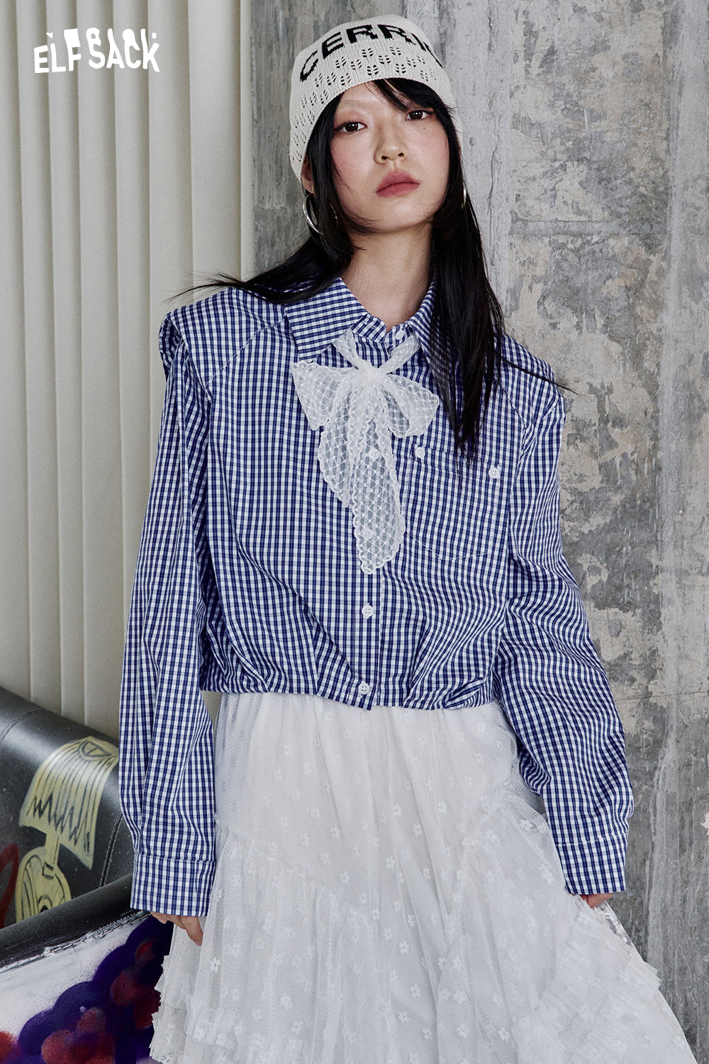 ELFSACK Versatile Blue Plaid Lace Short Shirt