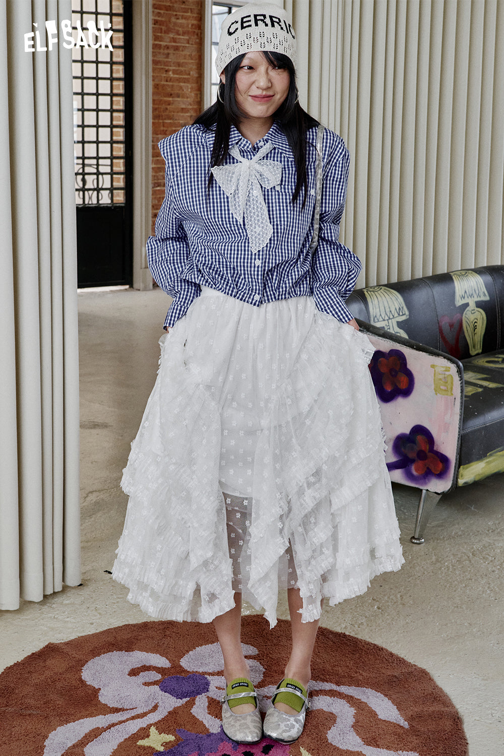 ELFSACK Versatile Blue Plaid Lace Short Shirt