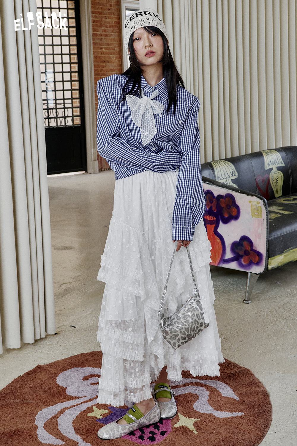 ELFSACK Versatile Blue Plaid Lace Short Shirt