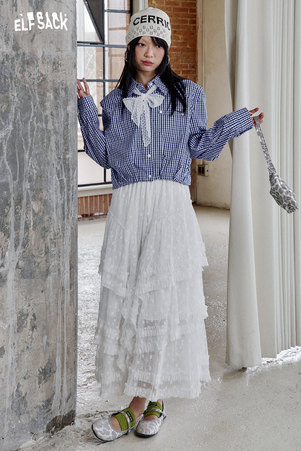 ELFSACK Versatile Blue Plaid Lace Short Shirt