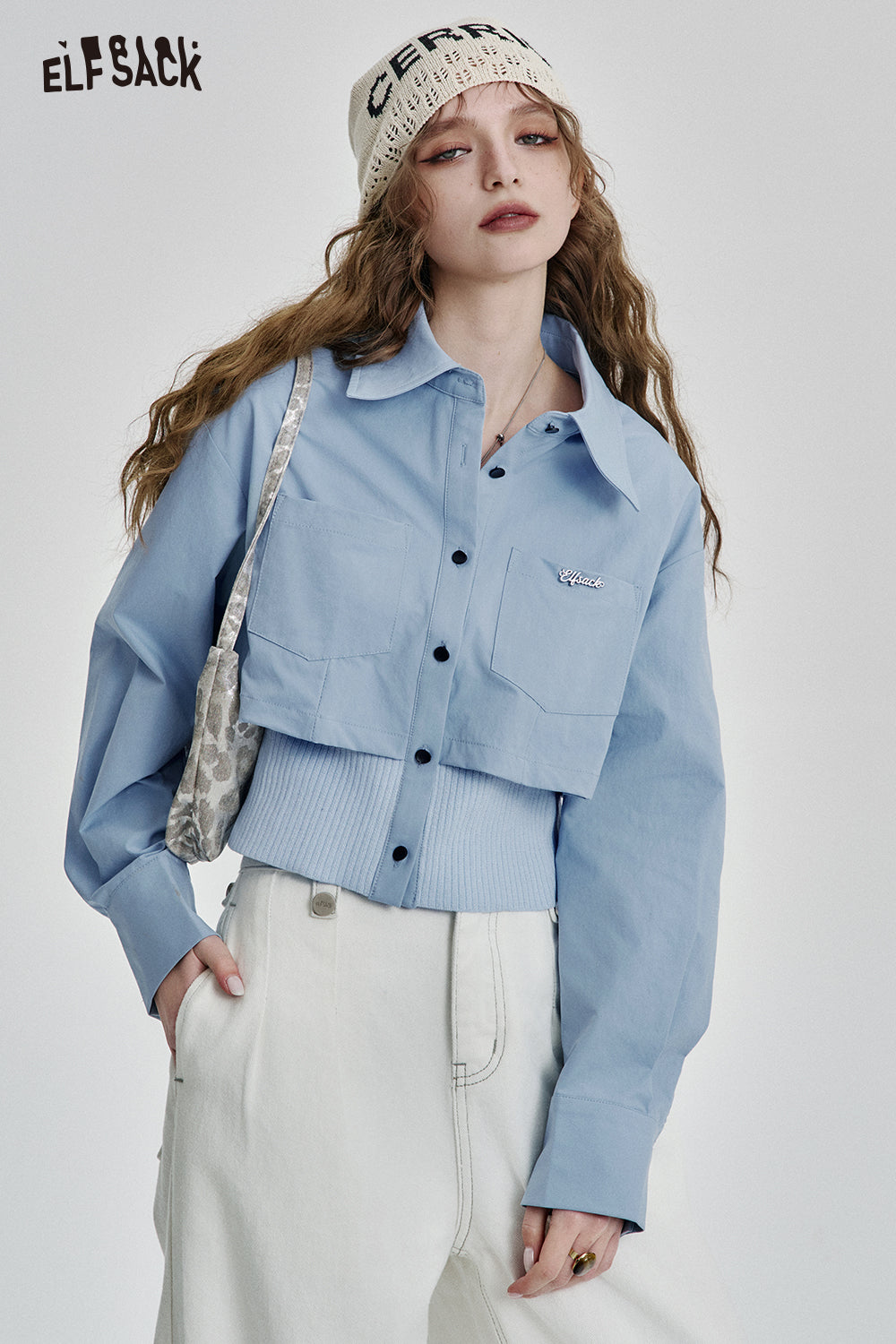 ELFSACK Solid Fake Two-piece Splicing Single Breasted Shirt Women