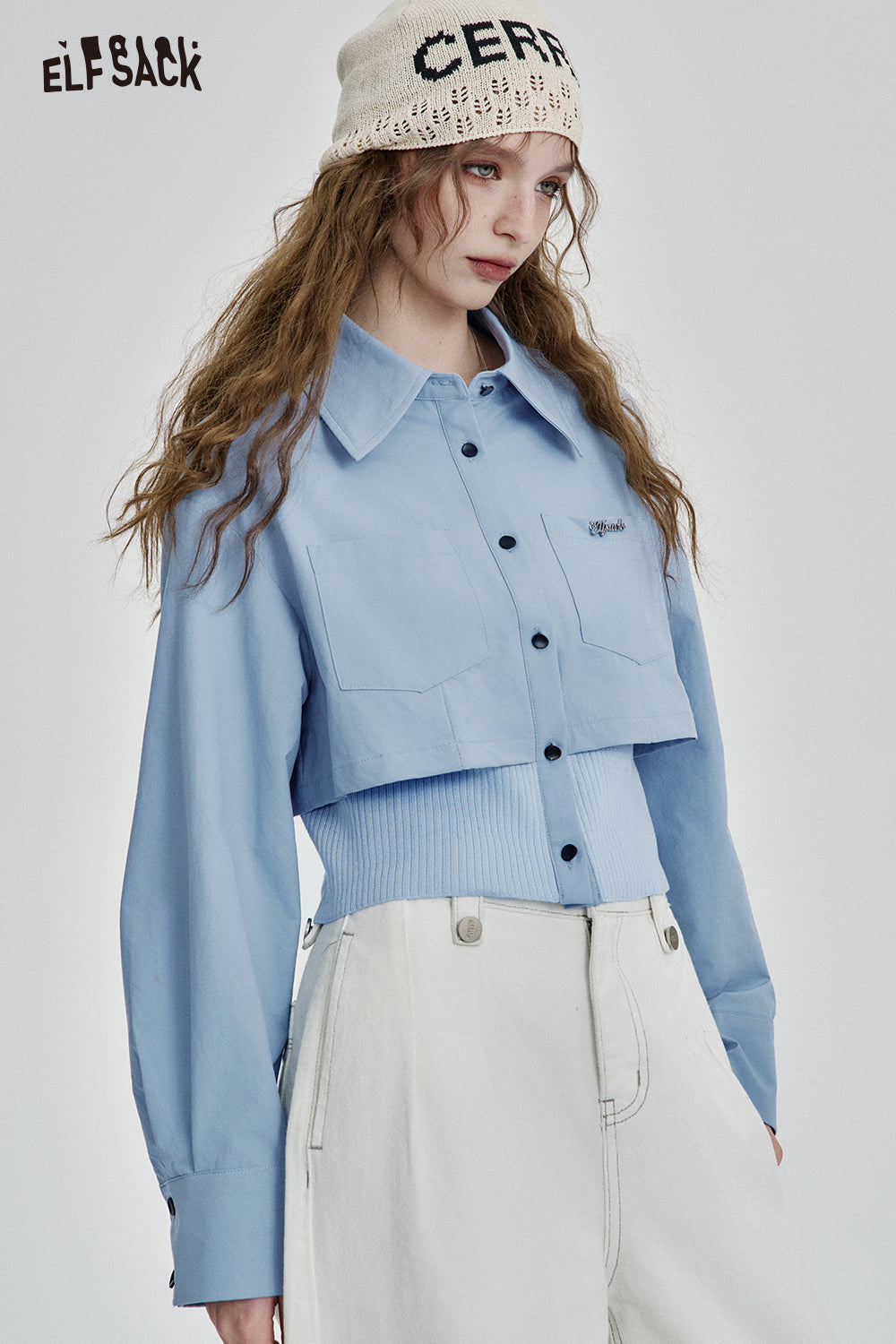 ELFSACK Solid Fake Two-piece Splicing Single Breasted Shirt Women