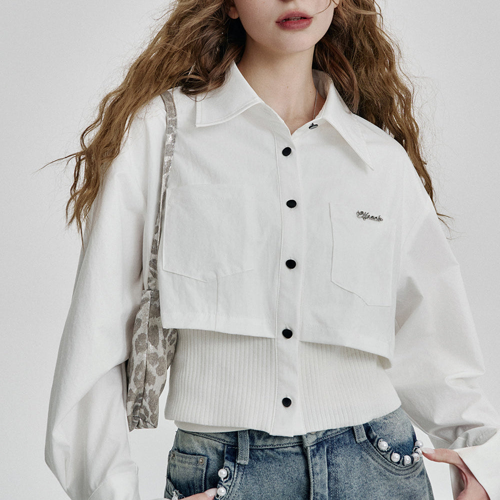 ELFSACK 2025 Spring New Arrivals Solid Fake Two-piece Splicing Single Breasted Shirt Women