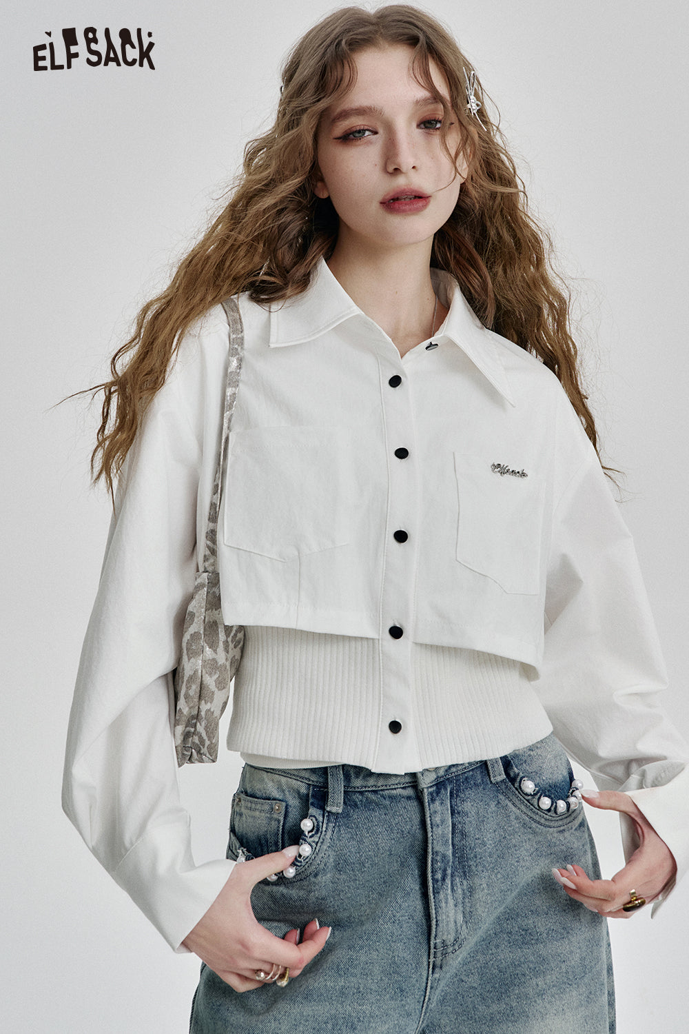 ELFSACK Solid Fake Two-piece Splicing Single Breasted Shirt Women