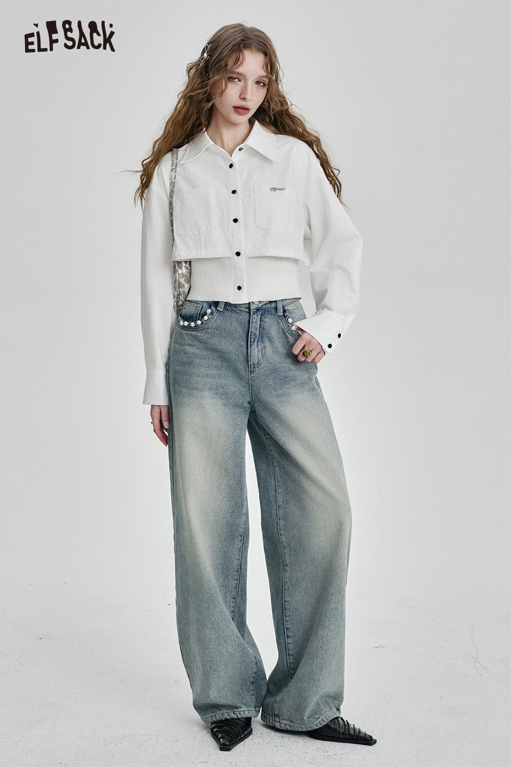 ELFSACK Solid Fake Two-piece Splicing Single Breasted Shirt Women