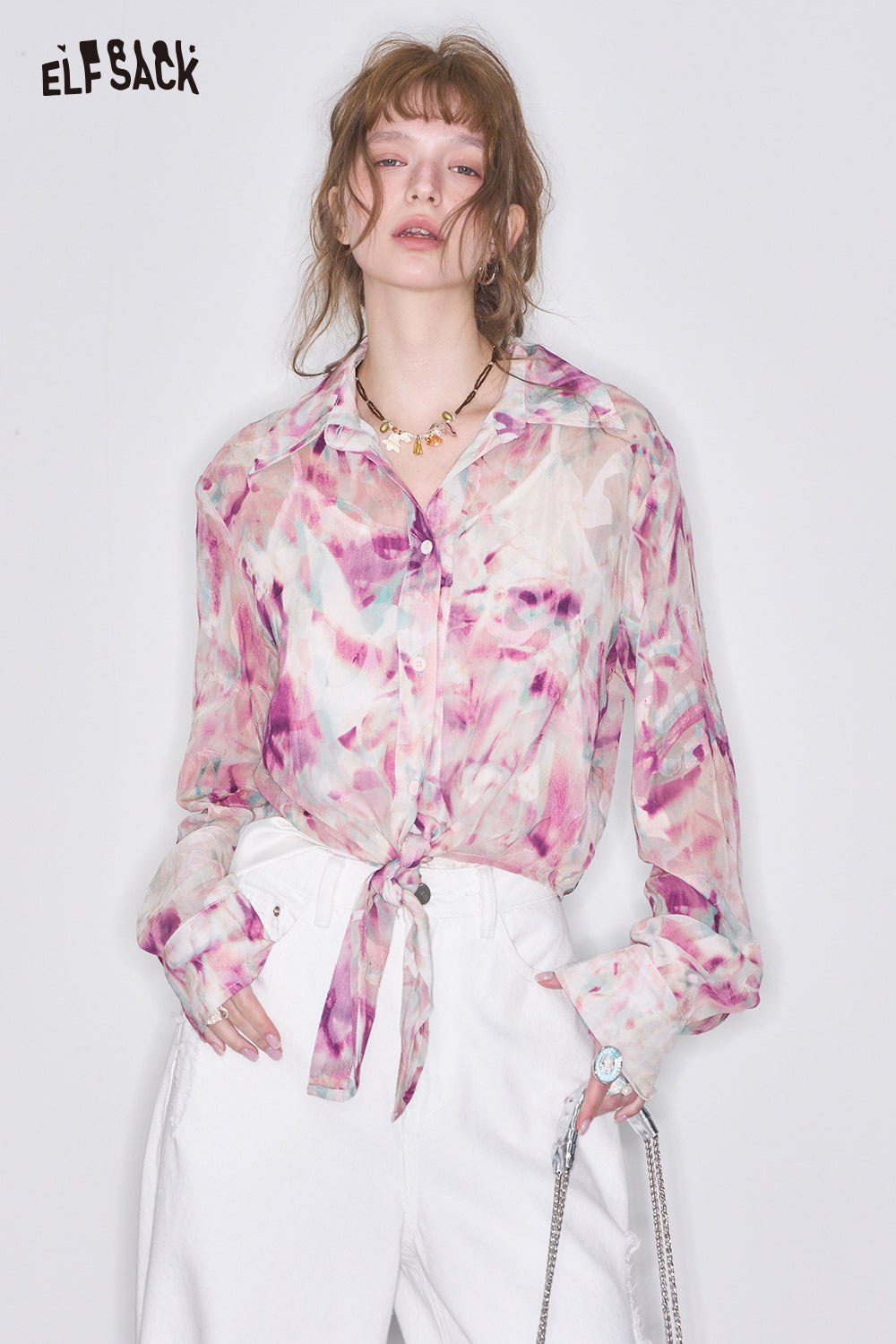 ELFSACK Retro Floral Thin Lace Shirt Women's Sweet Chiffon Casual Top