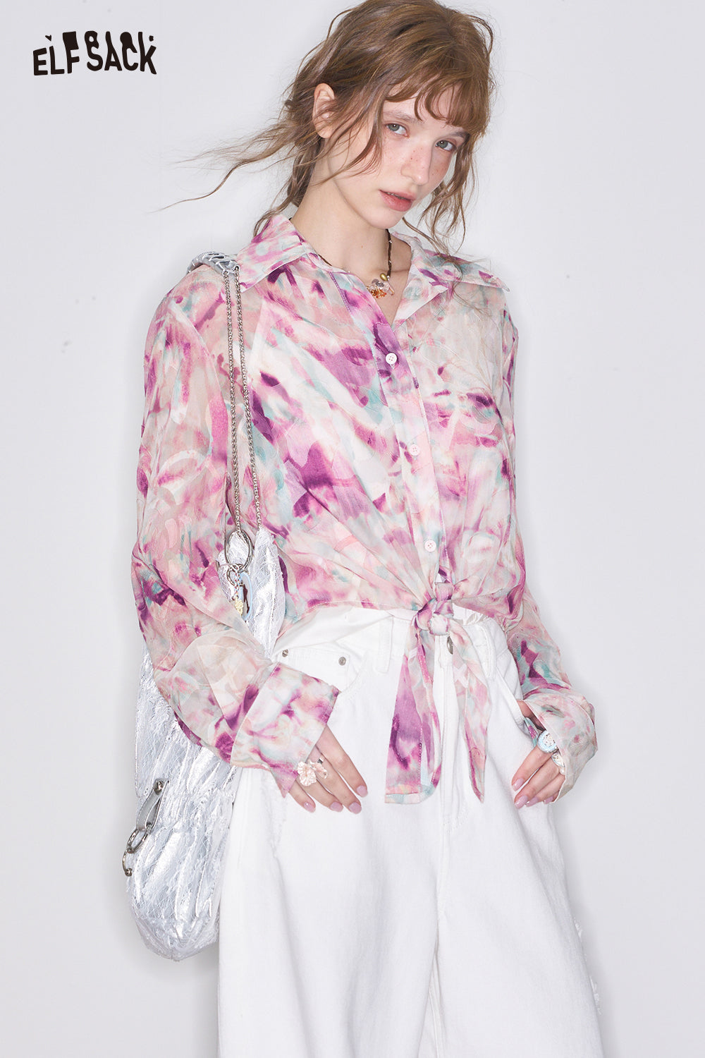 ELFSACK Retro Floral Thin Lace Shirt Women's Sweet Chiffon Casual Top