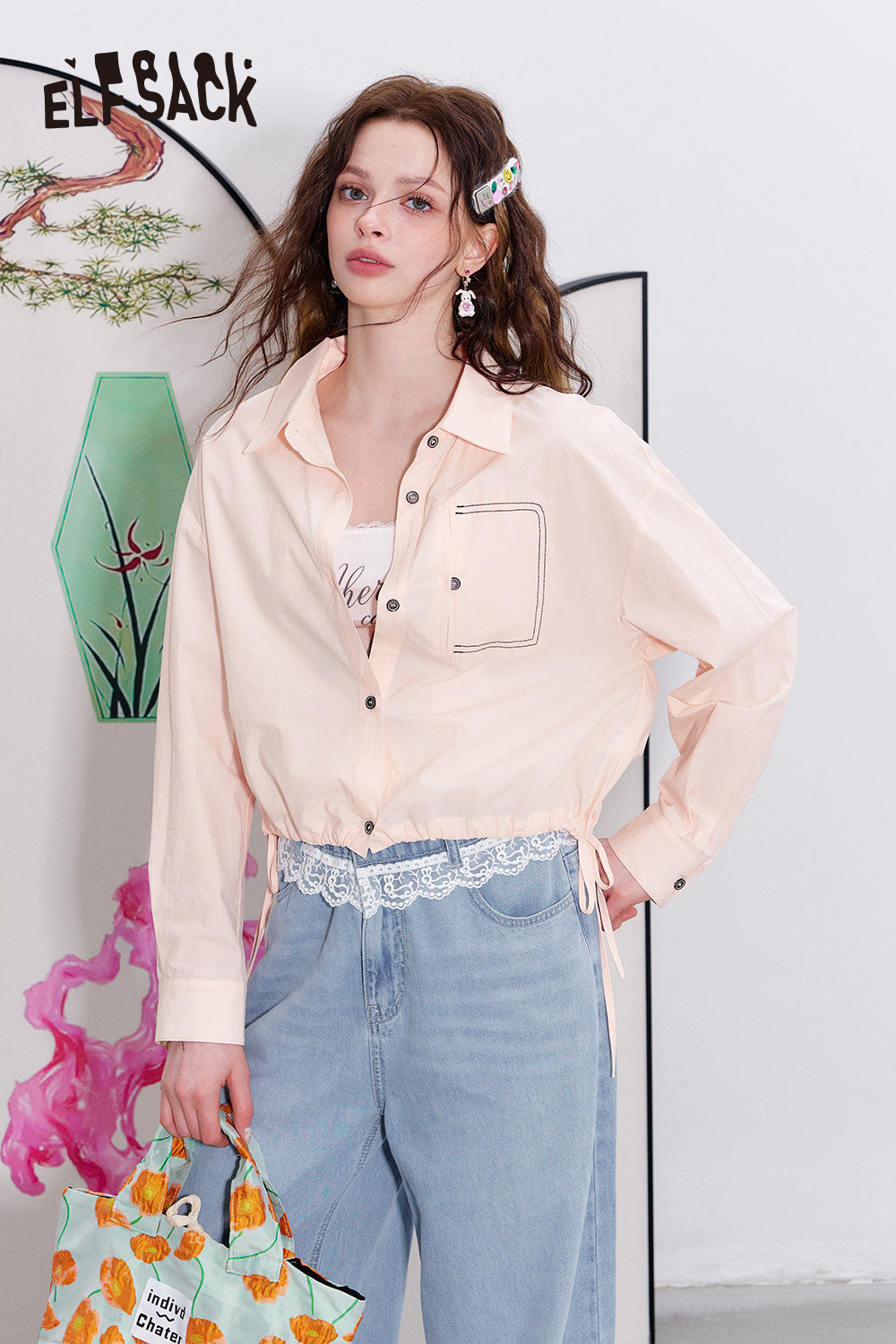 ELFSACK Casual versatile shirt with drawstring short thin jacket top