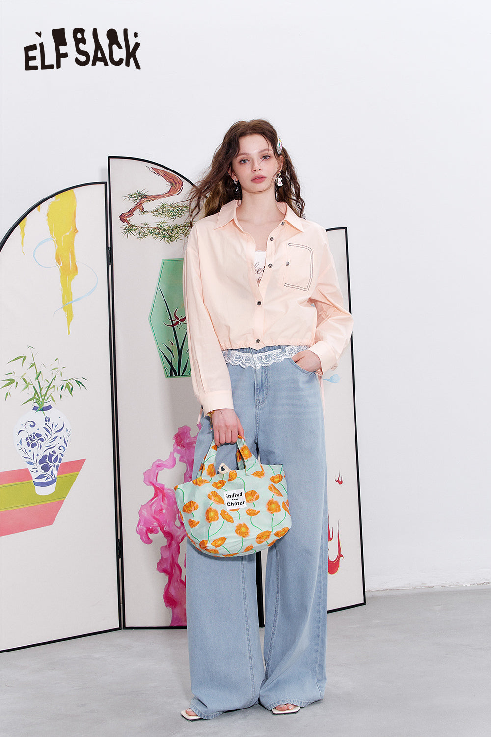 ELFSACK Casual versatile shirt with drawstring short thin jacket top