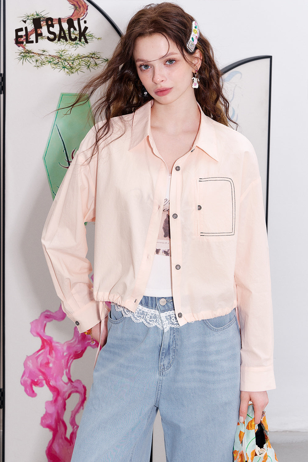ELFSACK Casual versatile shirt with drawstring short thin jacket top