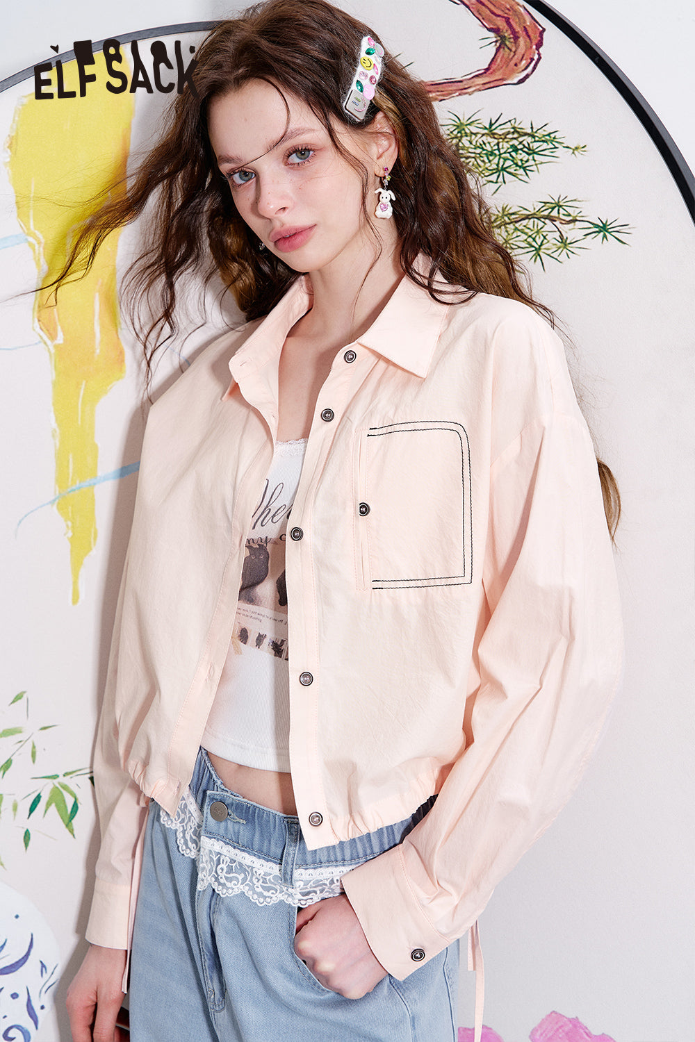 ELFSACK Casual versatile shirt with drawstring short thin jacket top