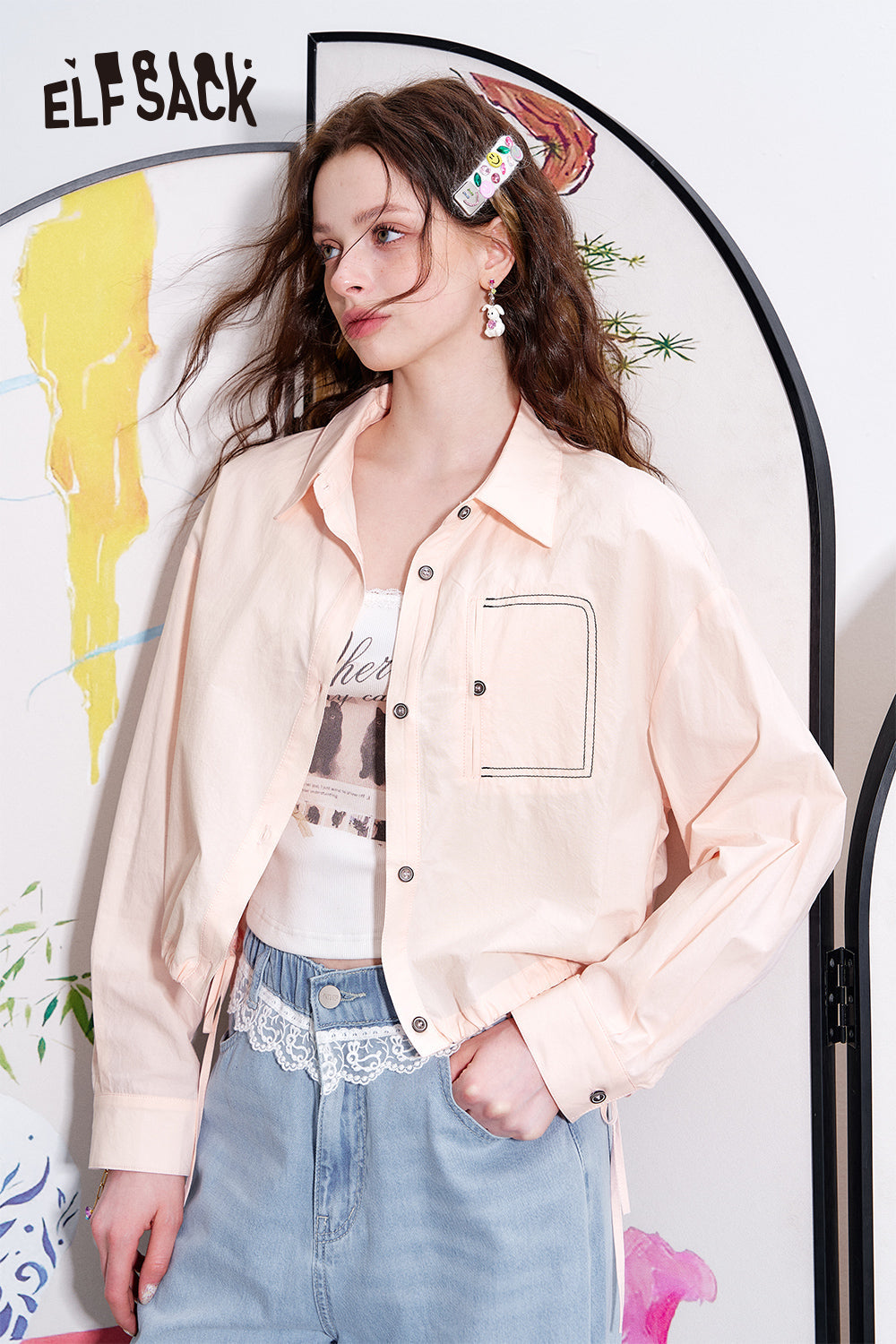 ELFSACK Casual versatile shirt with drawstring short thin jacket top