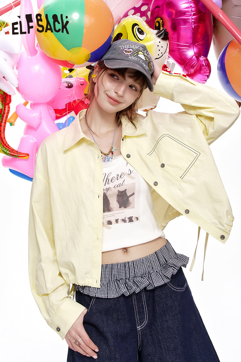 ELFSACK Casual versatile shirt with drawstring short thin jacket top