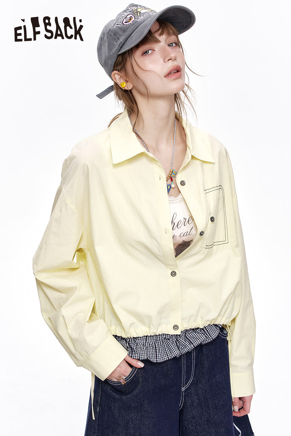ELFSACK Casual versatile shirt with drawstring short thin jacket top