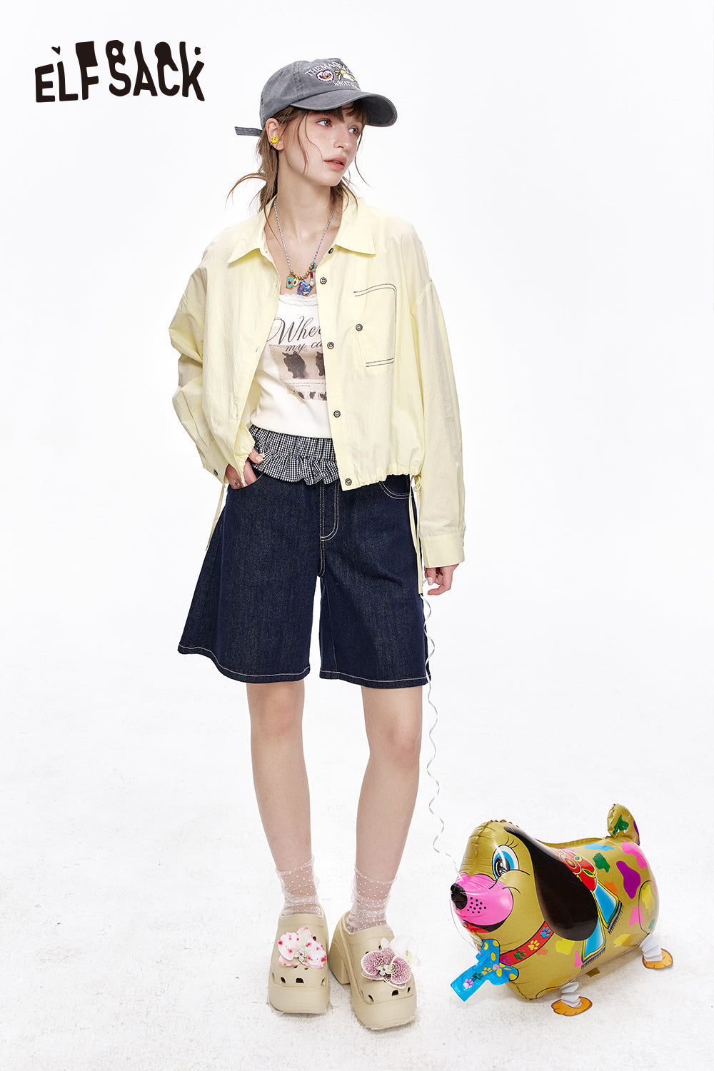 ELFSACK Casual versatile shirt with drawstring short thin jacket top