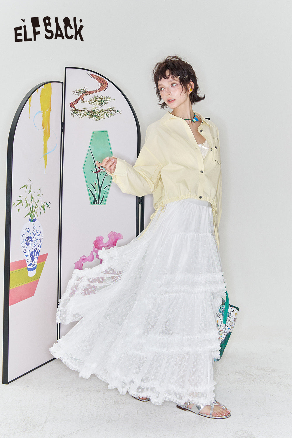 ELFSACK Casual versatile shirt with drawstring short thin jacket top