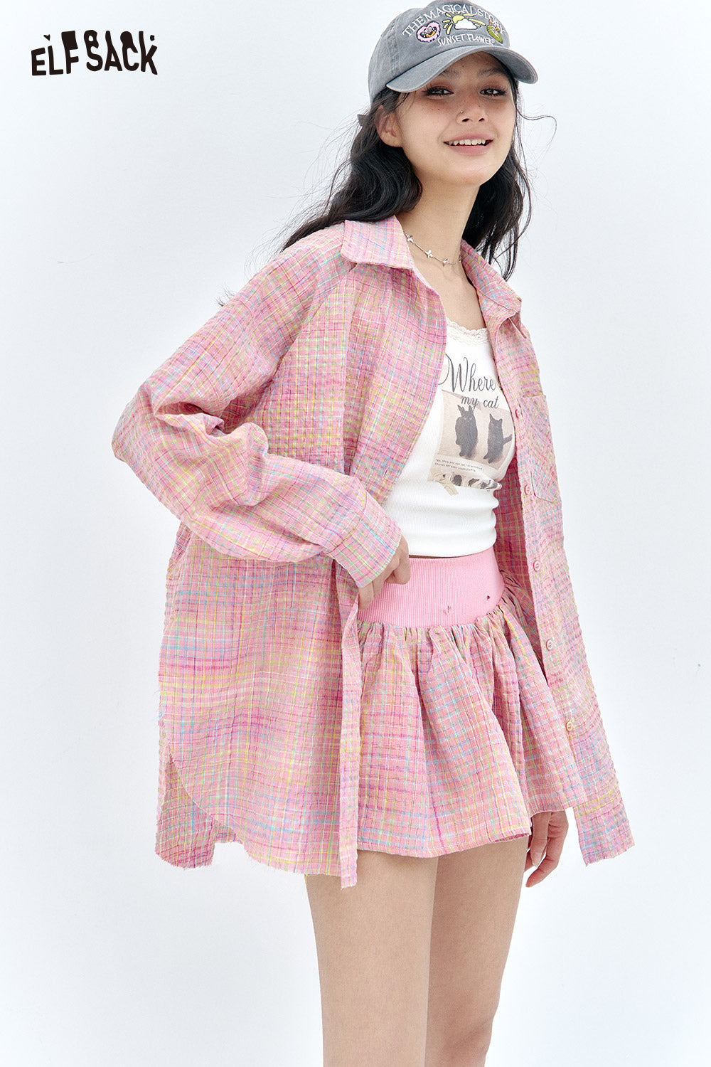 ELFSACK Dopamine plaid shirt skirt pants two-piece set