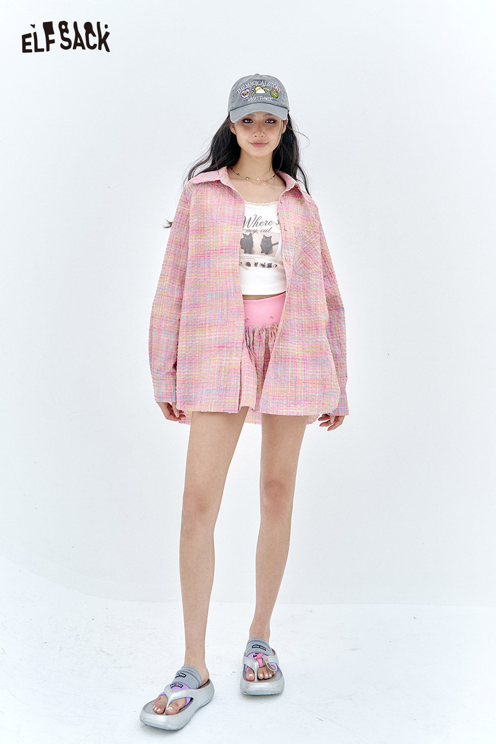 ELFSACK Dopamine plaid shirt skirt pants two-piece set