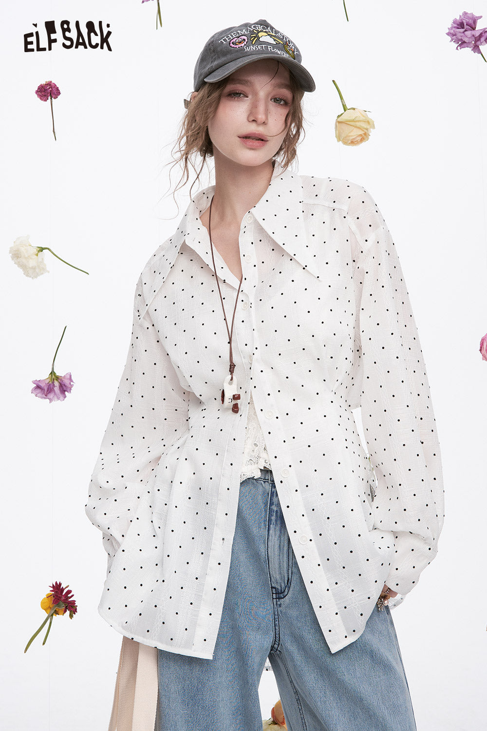 ELFSACK Y2K White Polka Dot Waist Long Sleeve Thin Shirt Women Trendy Vacation Hollow Mesh Top