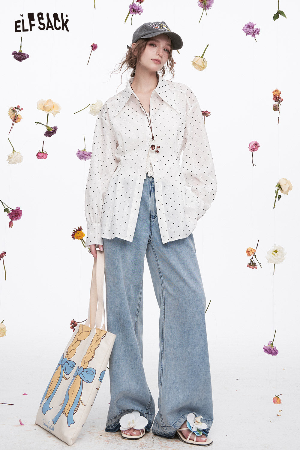 ELFSACK Y2K White Polka Dot Waist Long Sleeve Thin Shirt Women Trendy Vacation Hollow Mesh Top