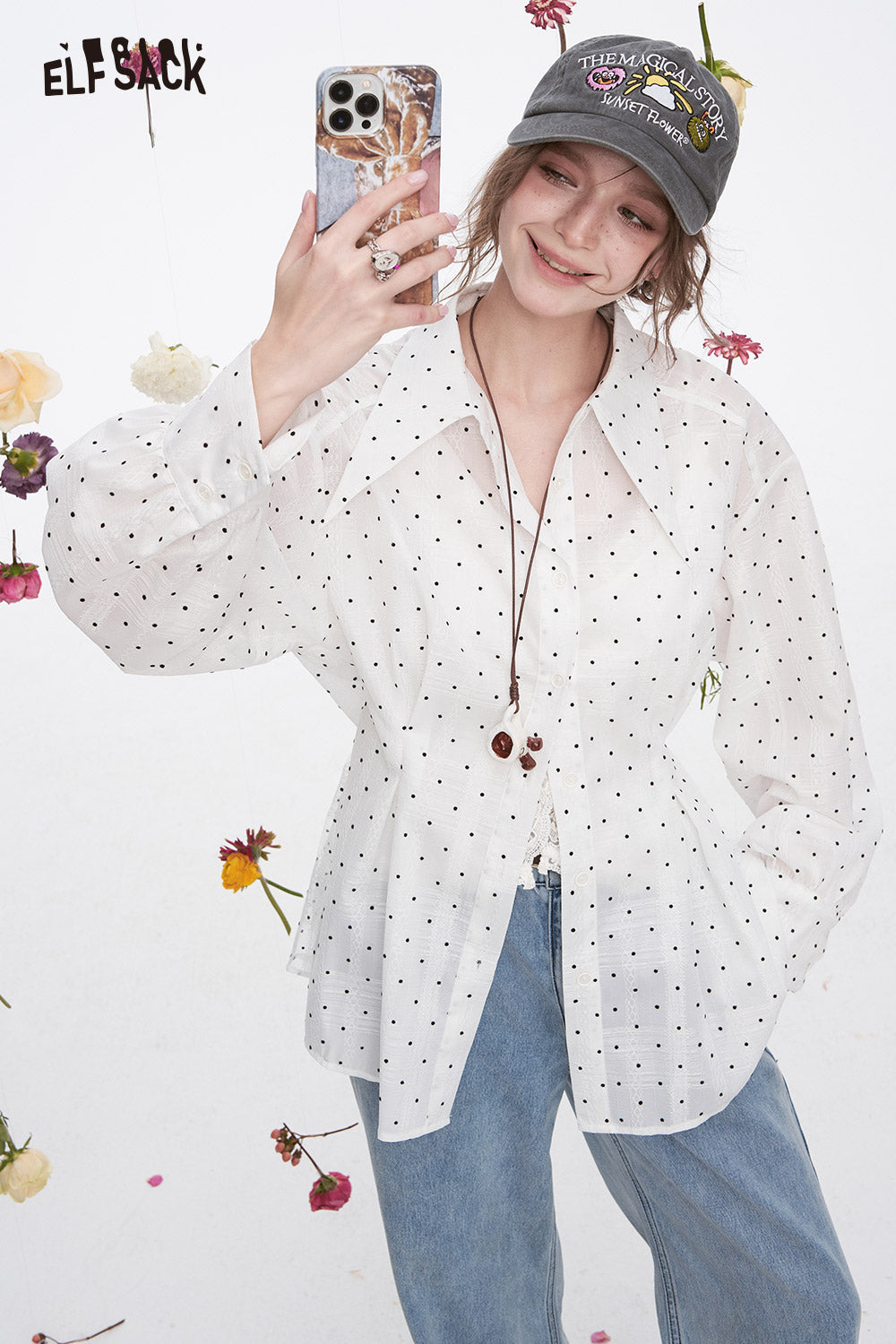 ELFSACK Y2K White Polka Dot Waist Long Sleeve Thin Shirt Women Trendy Vacation Hollow Mesh Top