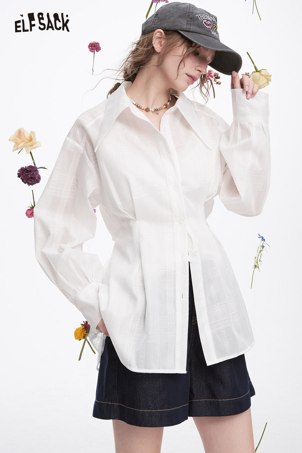ELFSACK Y2K White Polka Dot Waist Long Sleeve Thin Shirt Women Trendy Vacation Hollow Mesh Top