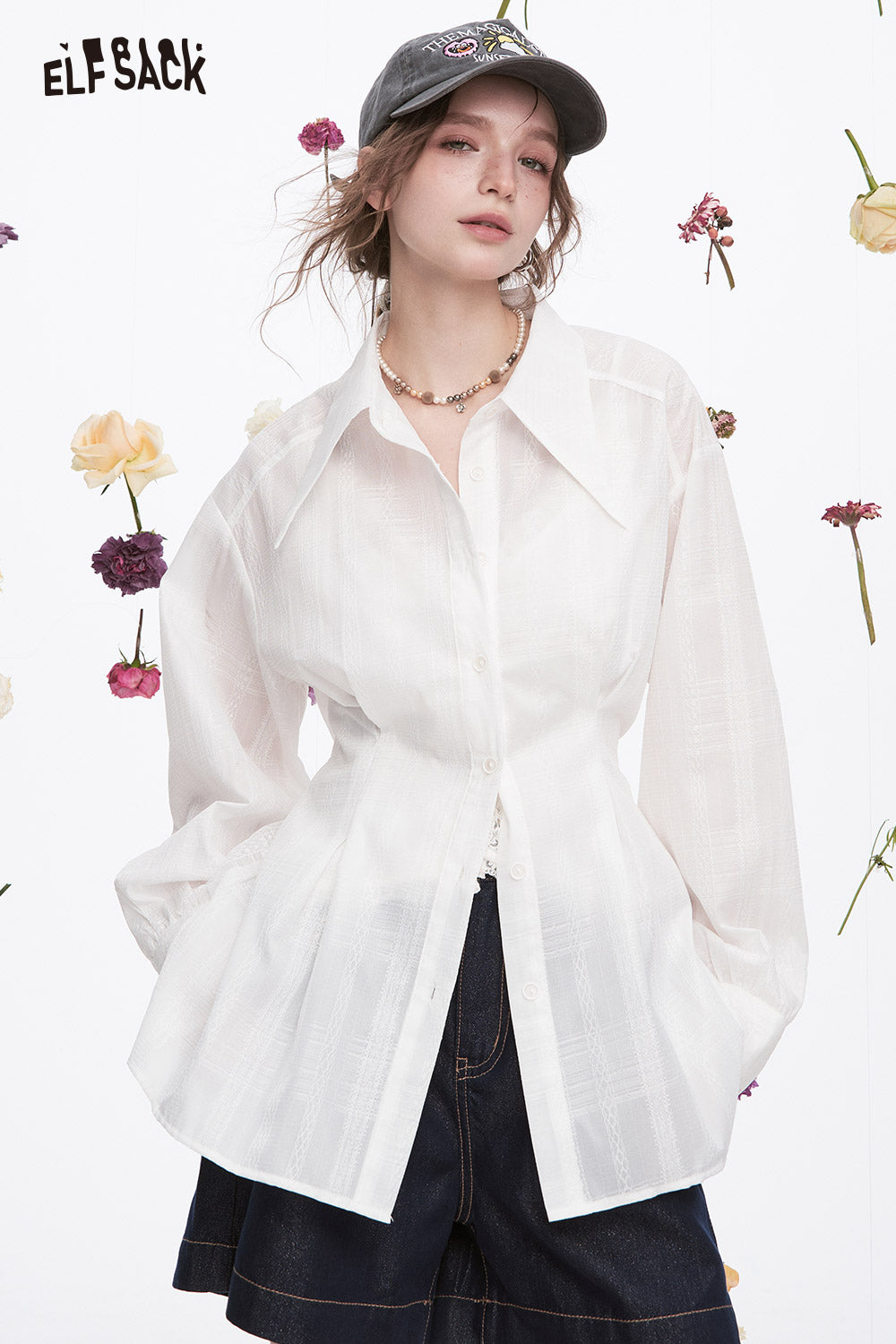 ELFSACK Y2K White Polka Dot Waist Long Sleeve Thin Shirt Women Trendy Vacation Hollow Mesh Top