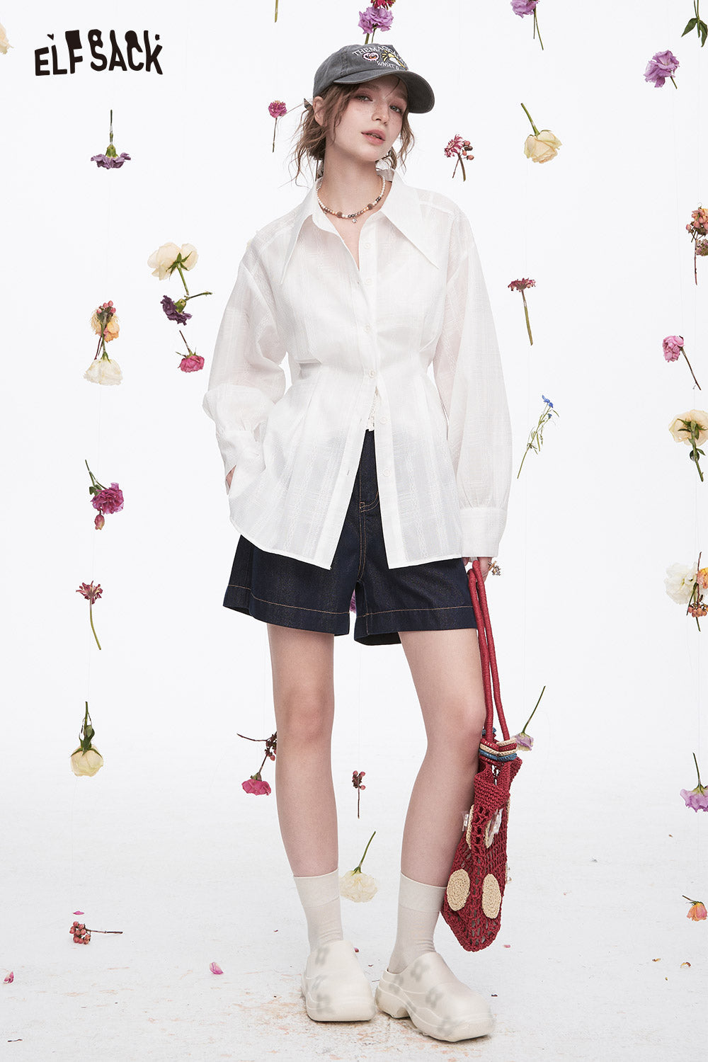 ELFSACK Y2K White Polka Dot Waist Long Sleeve Thin Shirt Women Trendy Vacation Hollow Mesh Top