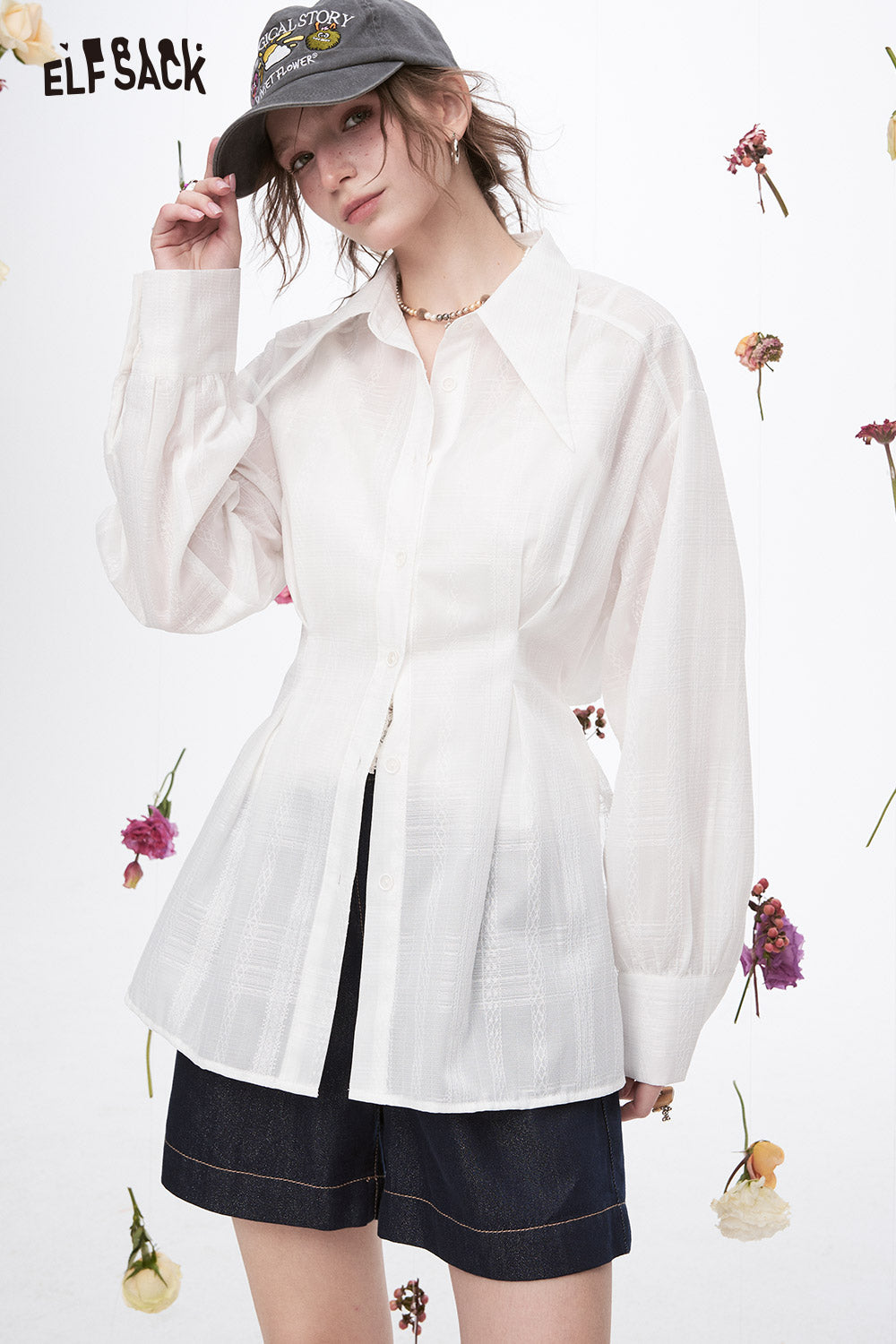 ELFSACK Y2K White Polka Dot Waist Long Sleeve Thin Shirt Women Trendy Vacation Hollow Mesh Top