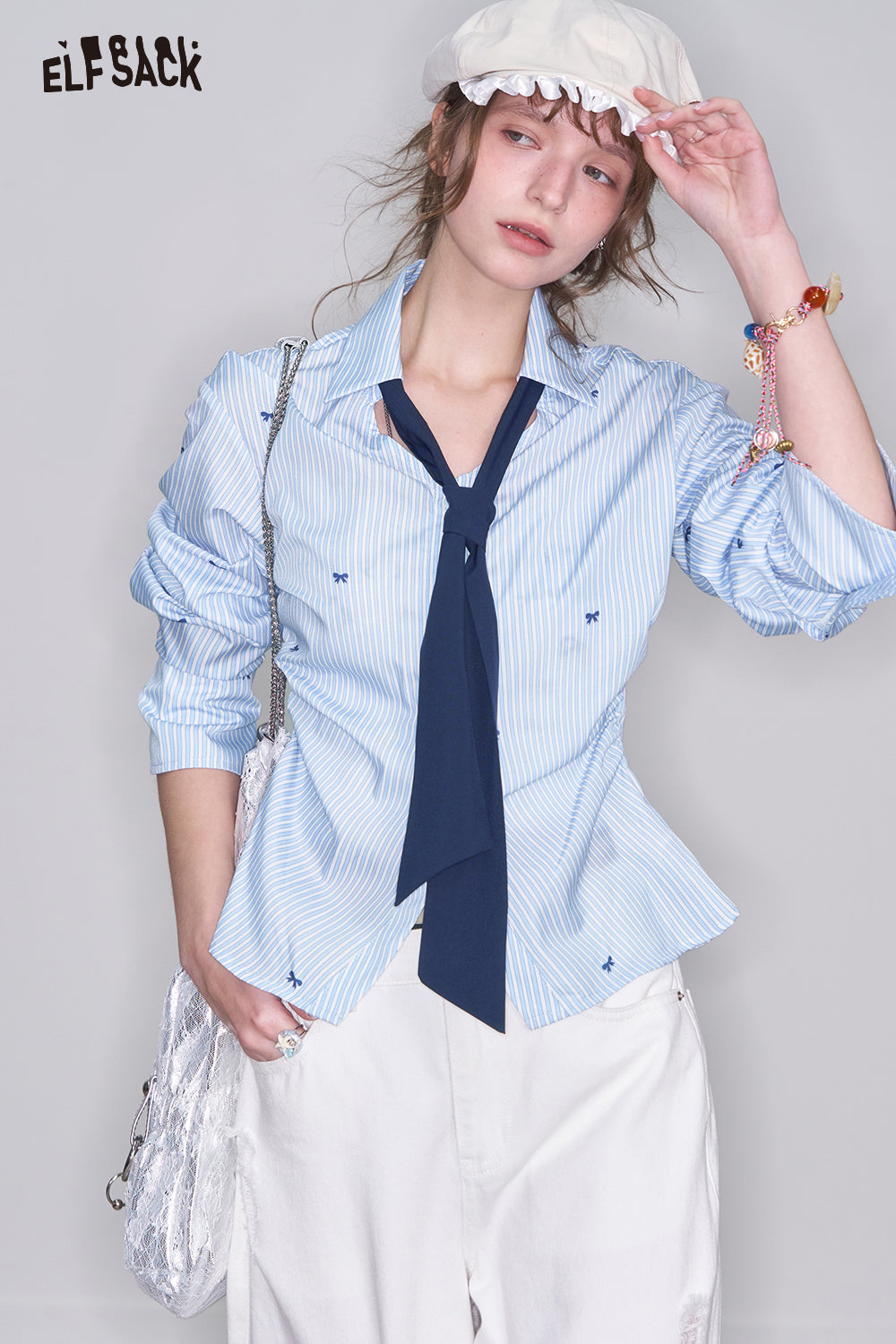 ELFSACK Blue White Striped Butterfly Embroidery Shirt Women Preppy Style Slim Fit Single Breasted Top