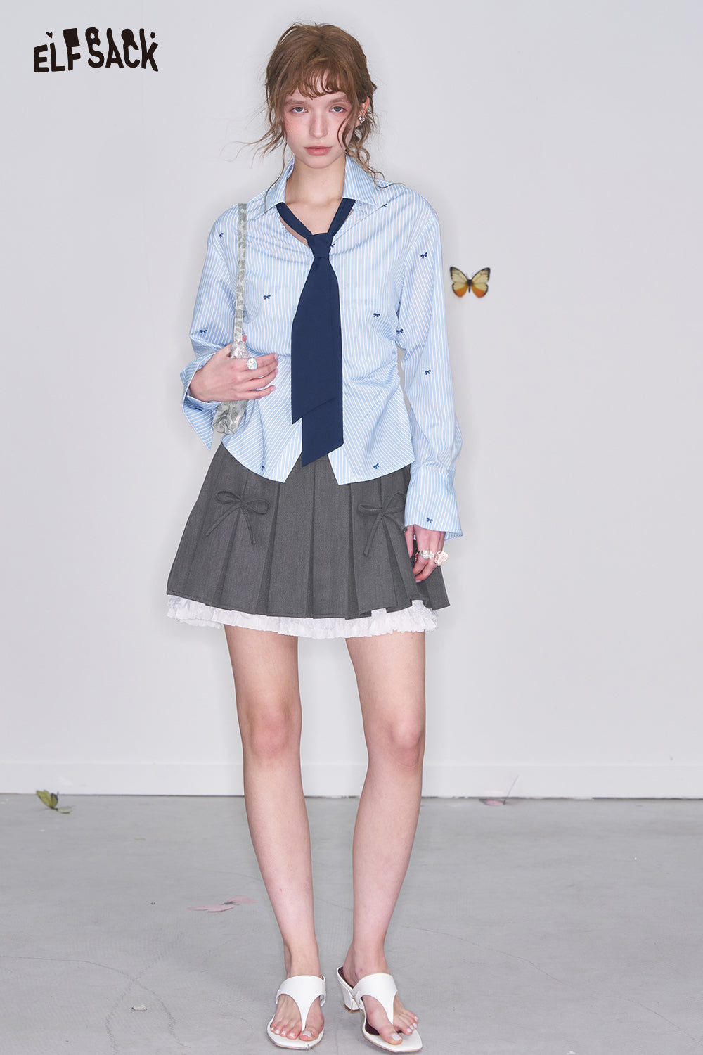 ELFSACK Blue White Striped Butterfly Embroidery Shirt Women Preppy Style Slim Fit Single Breasted Top