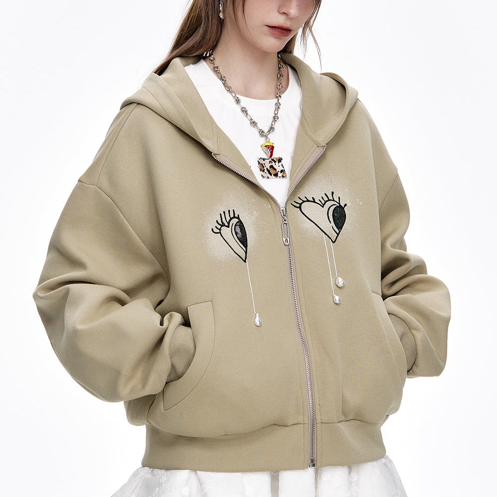 ELFSACK 2025 Spring New Arrivals Casual Embroidery Zipper Hoodies Women Pearl Versatile Jacket