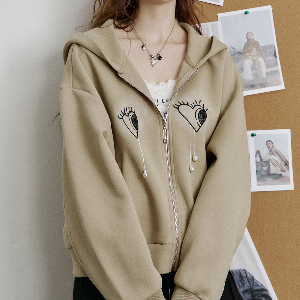 ELFSACK 2025 Spring New Arrivals Casual Embroidery Zipper Hoodies Women Pearl Versatile Jacket