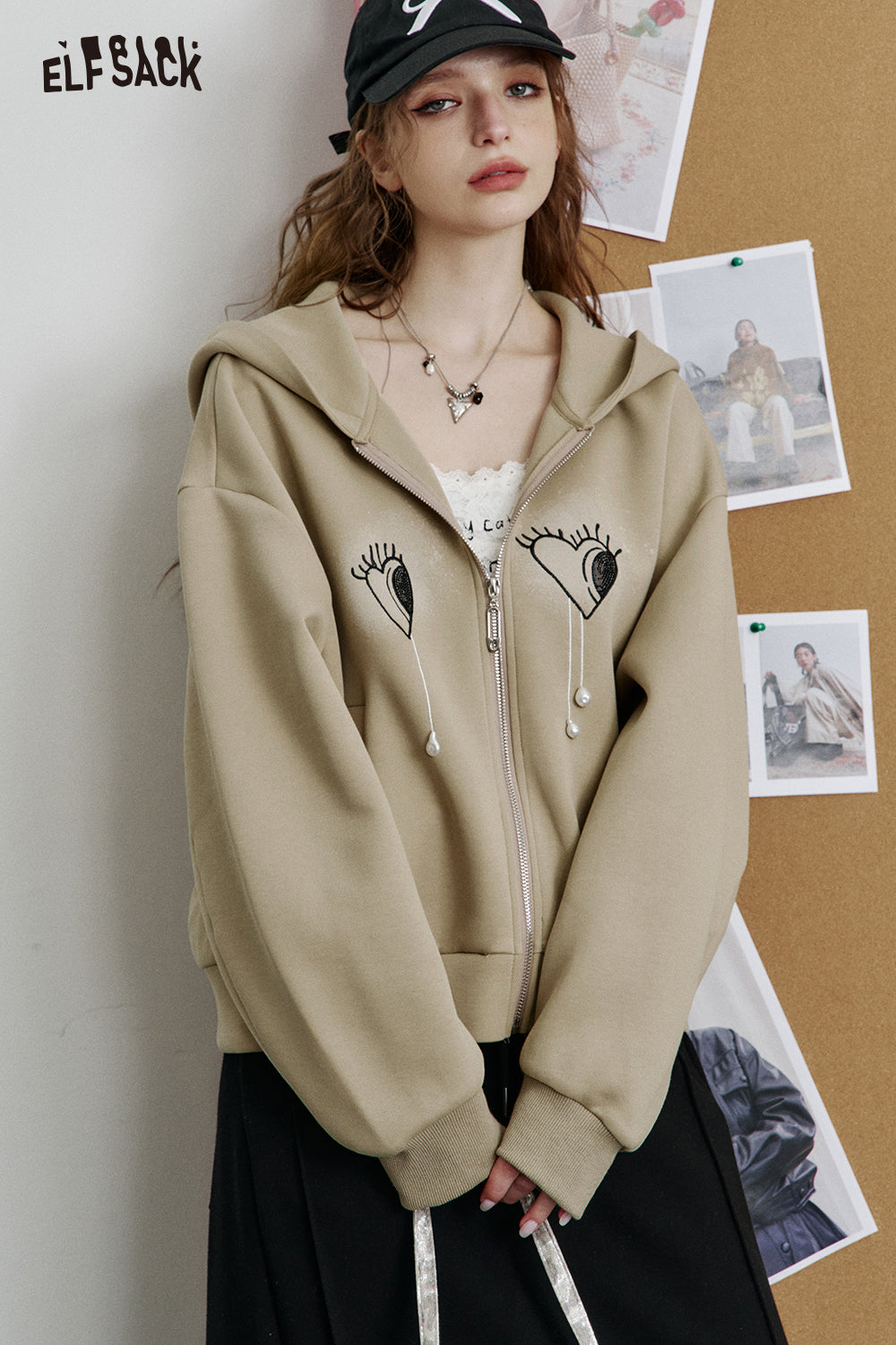 ELFSACK 2025 Spring New Arrivals Casual Embroidery Zipper Hoodies Women Pearl Versatile Jacket