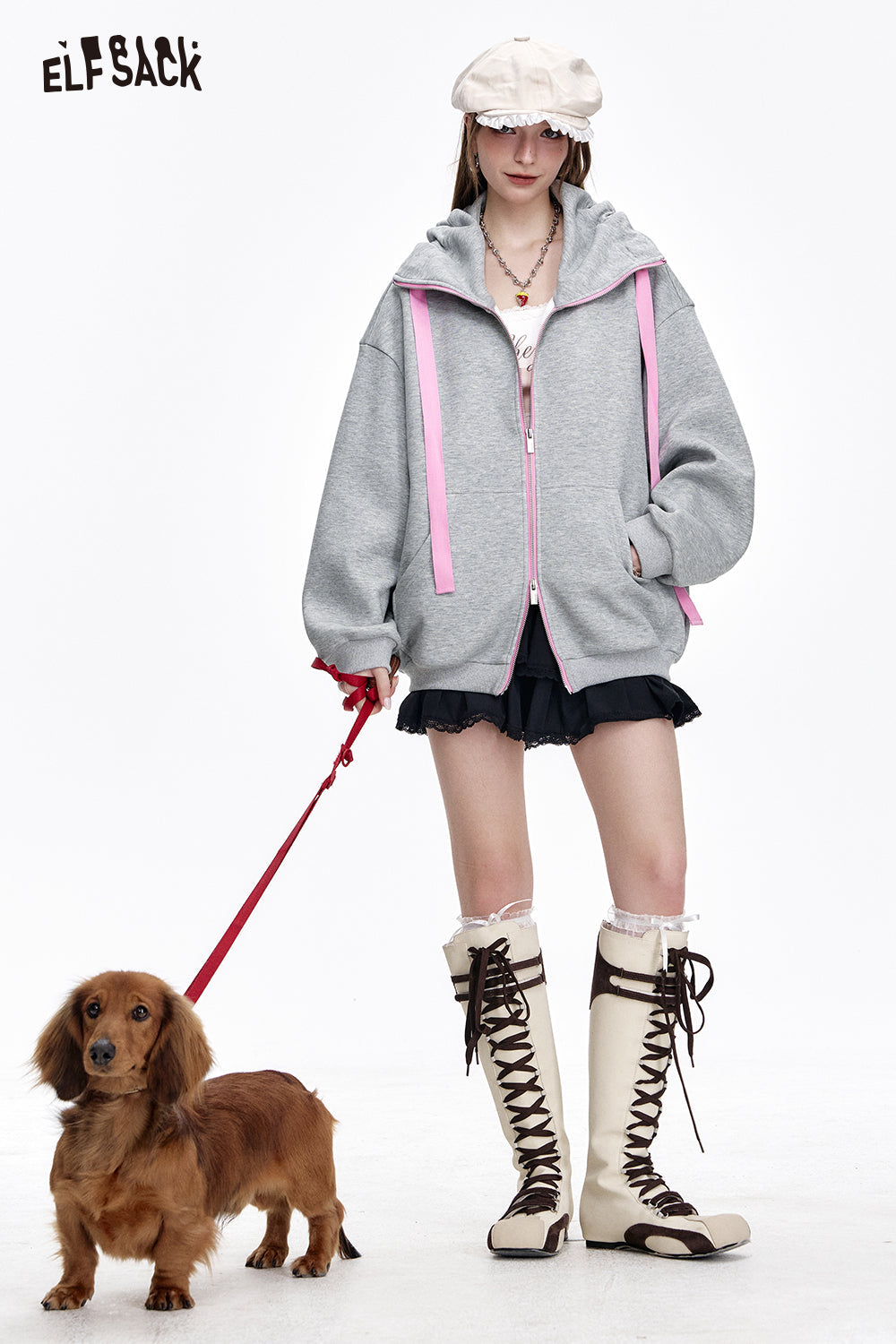 ELFSACK Half Turtleneck Loose Zip-up Hooded Sweatshirt Women's Long Sleeve Oversized Jacket