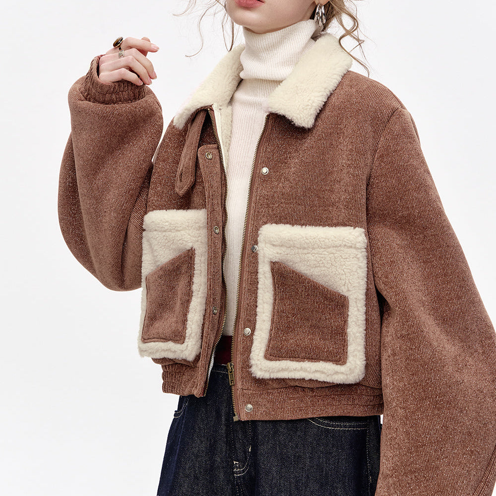 ELFSACK 2024 Winter New Arrivals Contrast color stitching brown faux plush vintage short coat