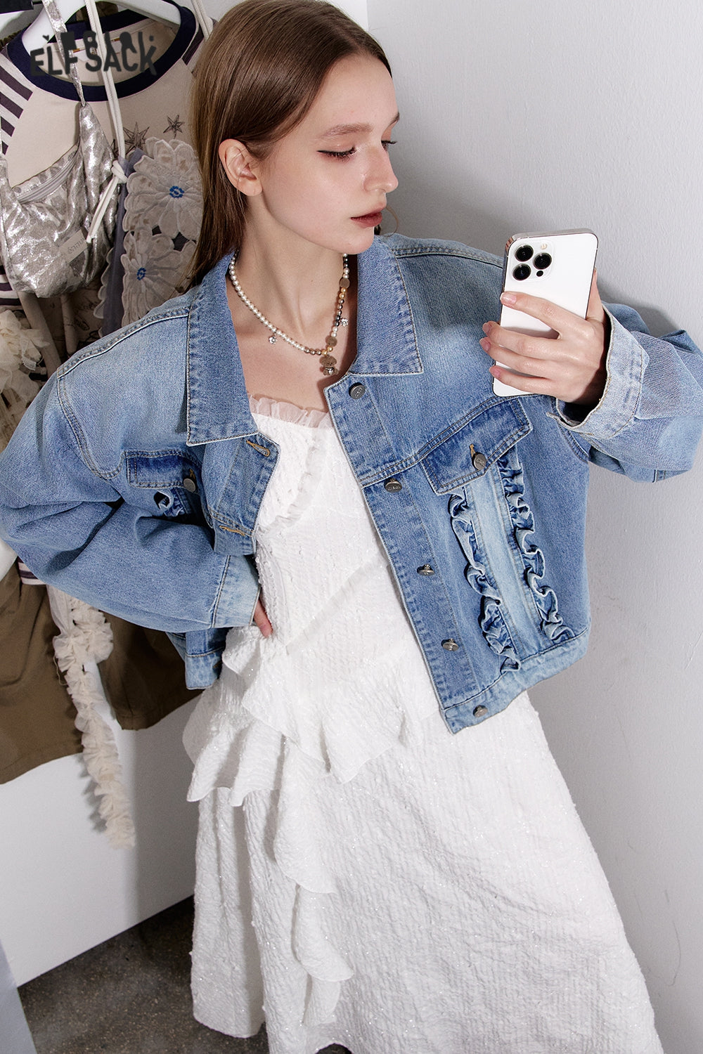ELFSACK Y2K Washed Ruffles Short Denim Jacket Women Button Up Cropped Womens Lightweight Coats