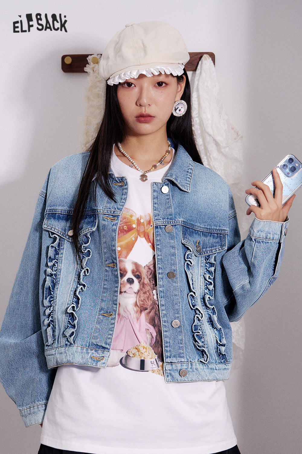 ELFSACK Y2K Washed Ruffles Short Denim Jacket Women Button Up Cropped Womens Lightweight Coats