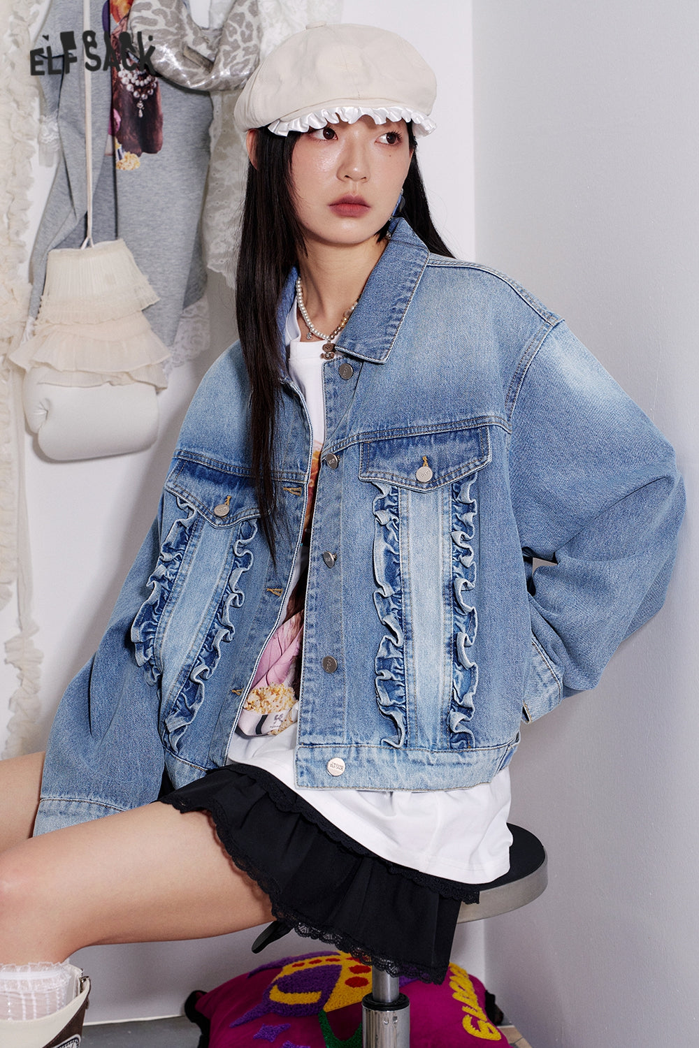 ELFSACK Y2K Washed Ruffles Short Denim Jacket Women Button Up Cropped Womens Lightweight Coats