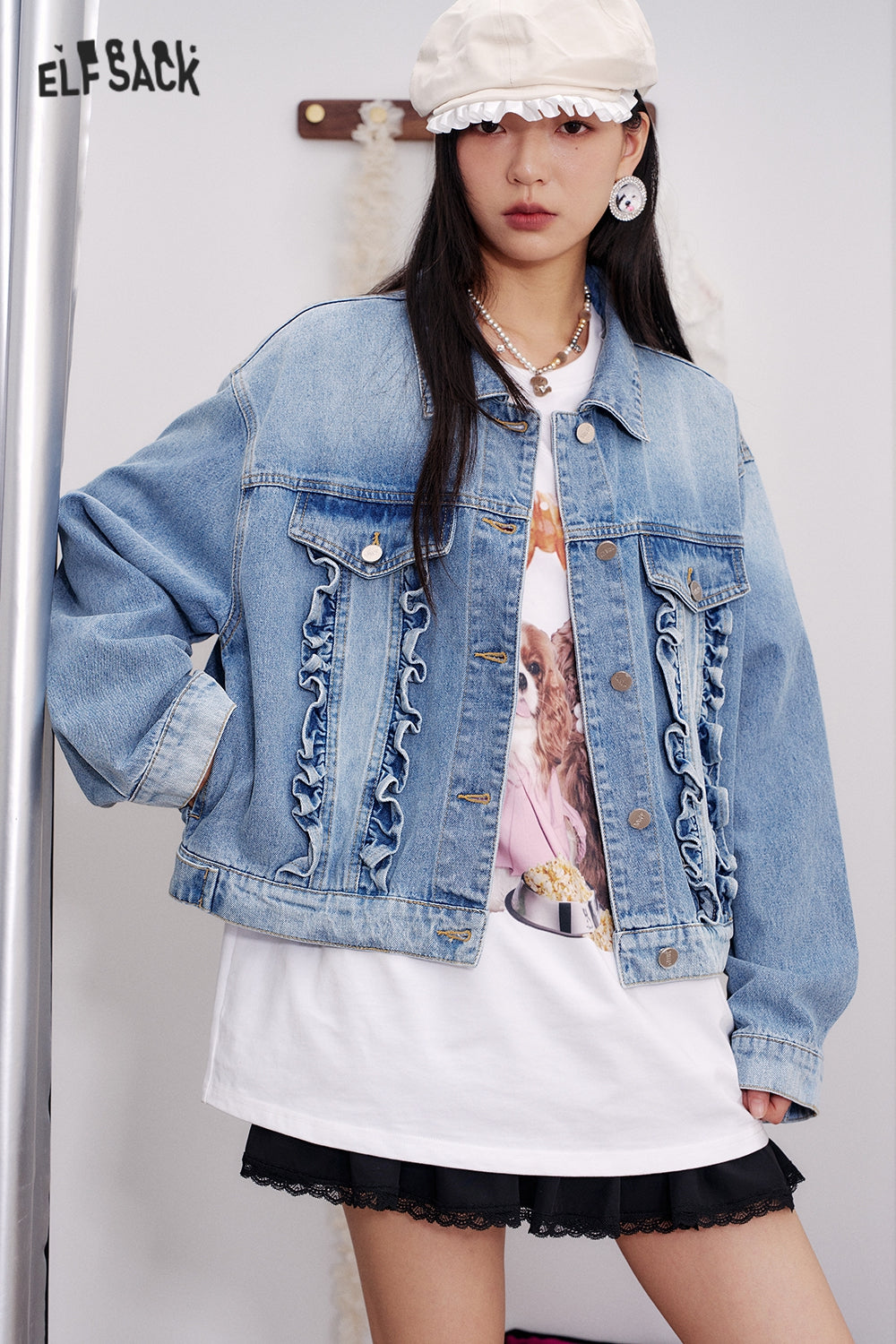 ELFSACK Y2K Washed Ruffles Short Denim Jacket Women Button Up Cropped Womens Lightweight Coats