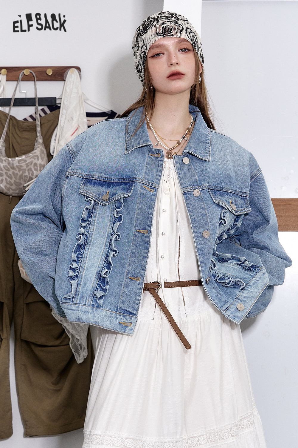ELFSACK Y2K Washed Ruffles Short Denim Jacket Women Button Up Cropped Womens Lightweight Coats