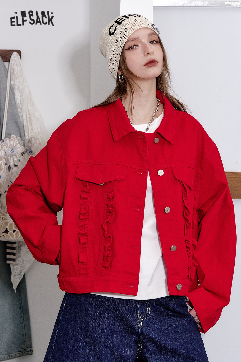 ELFSACK Y2K Washed Ruffles Short Denim Jacket Women Button Up Cropped Womens Lightweight Coats