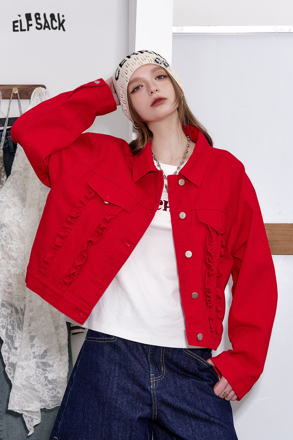 ELFSACK Y2K Washed Ruffles Short Denim Jacket Women Button Up Cropped Womens Lightweight Coats
