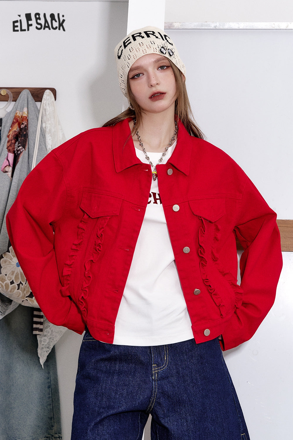 ELFSACK Y2K Washed Ruffles Short Denim Jacket Women Button Up Cropped Womens Lightweight Coats