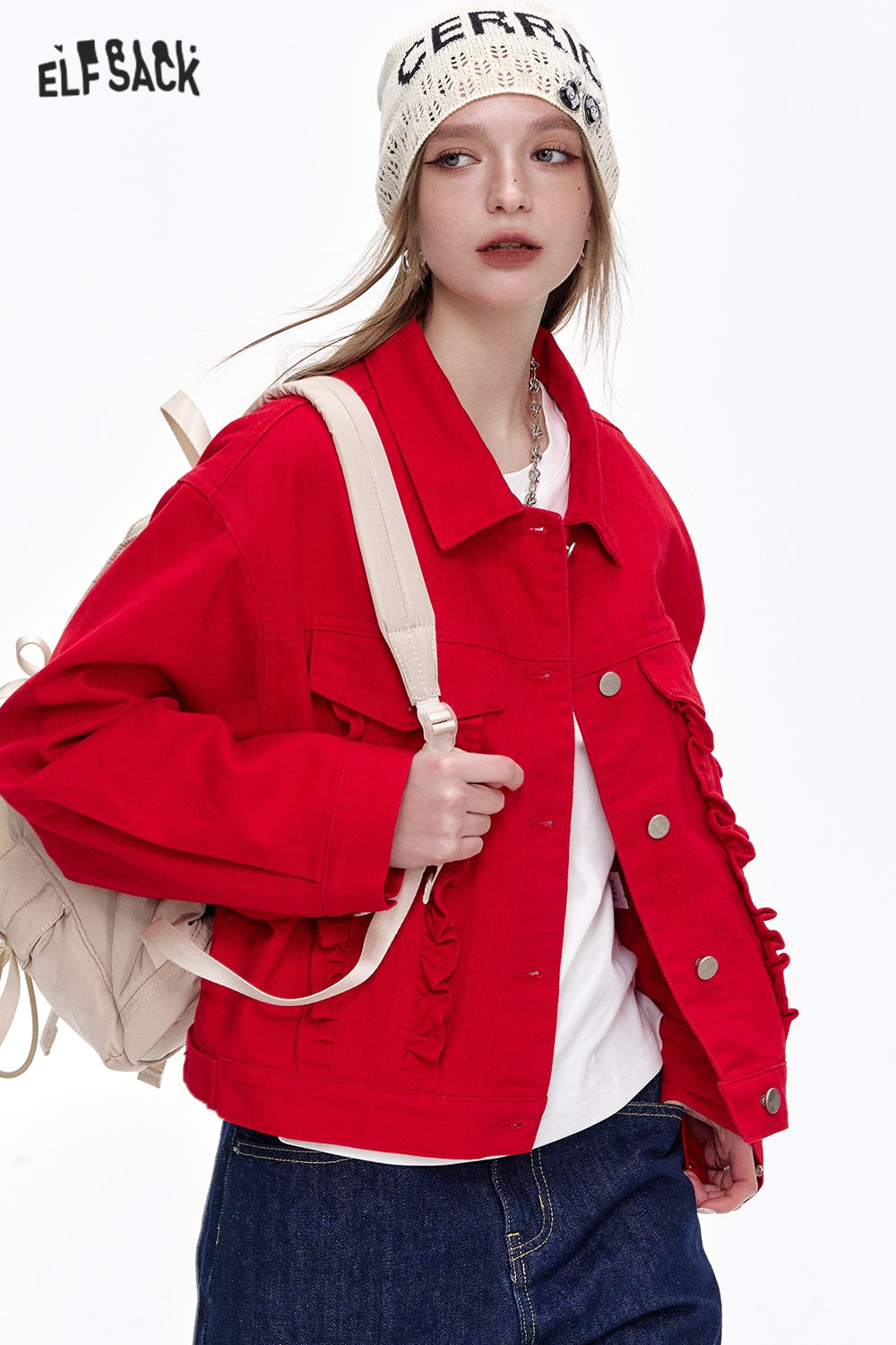 ELFSACK Y2K Washed Ruffles Short Denim Jacket Women Button Up Cropped Womens Lightweight Coats