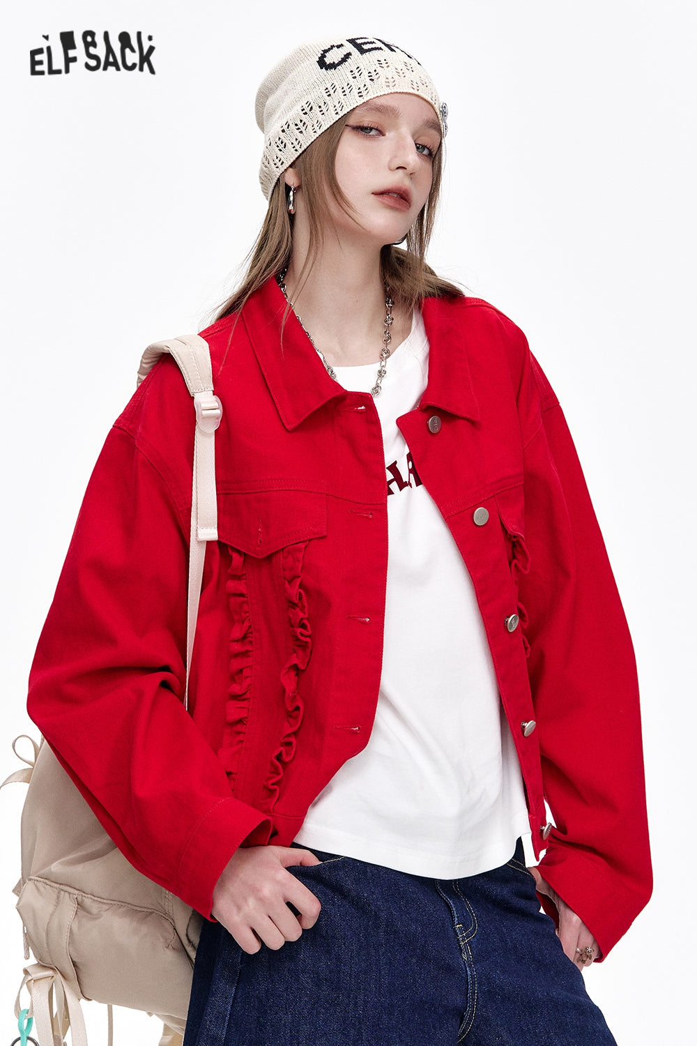 ELFSACK Y2K Washed Ruffles Short Denim Jacket Women Button Up Cropped Womens Lightweight Coats