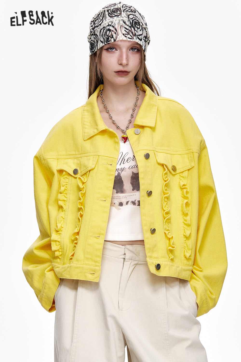 ELFSACK Y2K Washed Ruffles Short Denim Jacket Women Button Up Cropped Womens Lightweight Coats