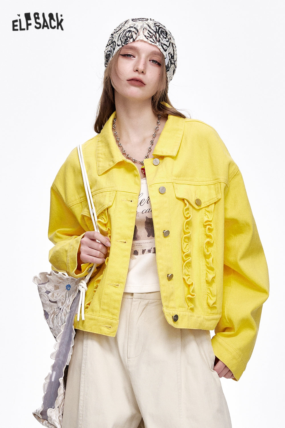 ELFSACK Y2K Washed Ruffles Short Denim Jacket Women Button Up Cropped Womens Lightweight Coats